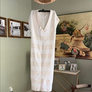 Lovestitch White and Tan Striped Midi Dress